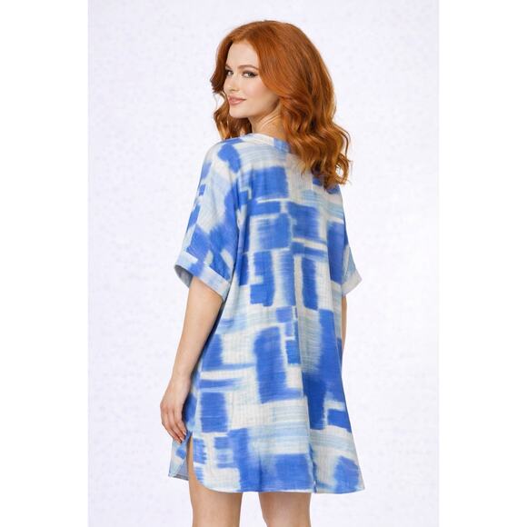 Natori Kasuri Blue White Challis Sleepshirt Loungewear Tunic Size Large - Picture 5 of 8